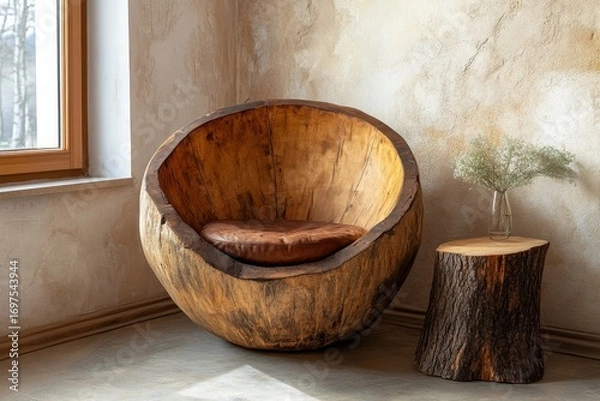 Fototapeta Hand-crafted barrel chair made from solid wood and stump coffee table near grunge stucco wall and window. Rustic style interior design of modern living room in farmhouse, Generative AI