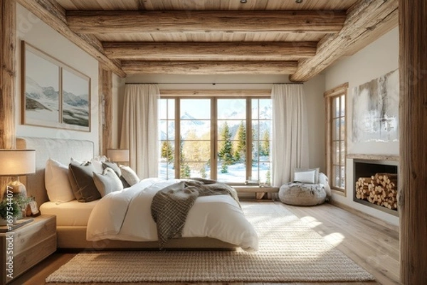 Fototapeta Ceiling with wooden beams and lining. Rustic interior design of modern bedroom with log columns in farmhouse. Created with, Generative AI