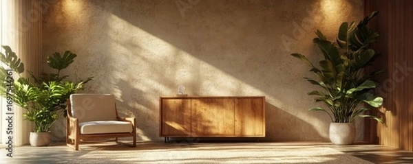Fototapeta Interior with wooden cabinet and armchair 3d rendering, Generative AI