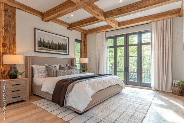 Fototapeta Ceiling with wooden beams and lining. Rustic interior design of modern bedroom with log columns in farmhouse. Created with, Generative AI