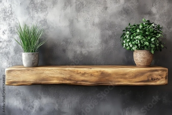 Fototapeta Wood wall floating shelf on stucco wall. Storage organization for home. Interior design of modern living room. Created with, Generative AI