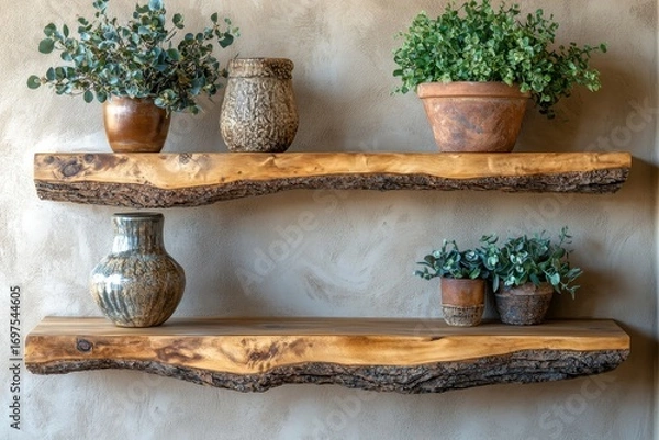 Fototapeta Wood wall floating shelf on stucco wall. Storage organization for home. Interior design of modern living room. Created with, Generative AI