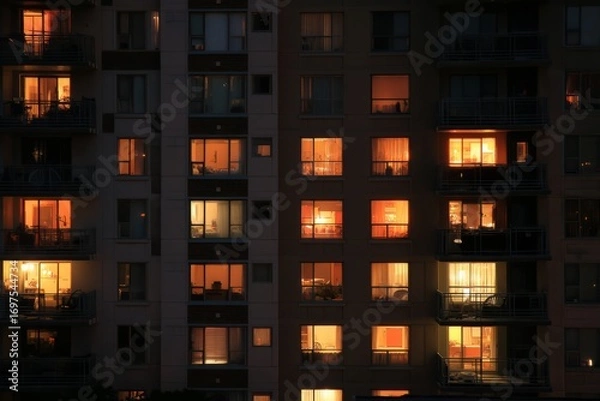 Fototapeta A quiet night view of an apartment complex Soft lights glow from kitchen windows The mood feels warm and restful, Generative AI