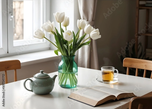 Fototapeta a white table with a vase of white tulips, a teapot, a teacup, and an open book. The scene suggests a cozy, relaxing atmosphere.