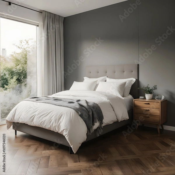 Fototapeta A modern bedroom is shown with a bed covered in white bedding and a gray throw. A wooden nightstand sits next to the bed, and a large window and gray wall complete the scene.