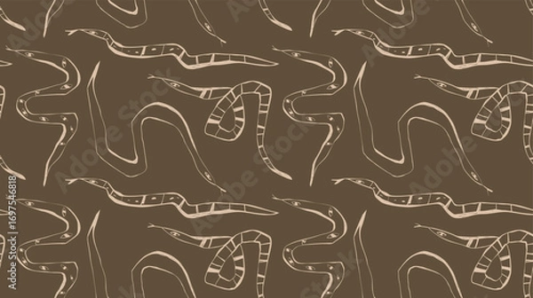 Fototapeta Seamless pattern with hand drawn snakes in minimal line style for fabric wallpaper packaging and branding