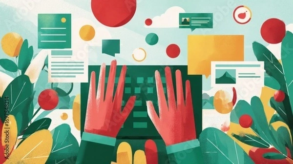 Fototapeta Hands typing on a keyboard surrounded by colorful graphic elements