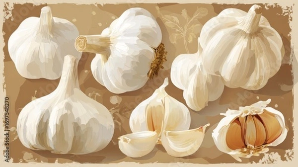 Fototapeta Various garlic heads, some opened, on a textured background