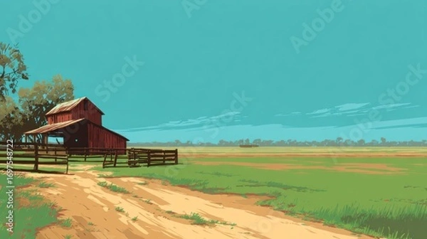 Fototapeta Rustic red barn in a vast green field
