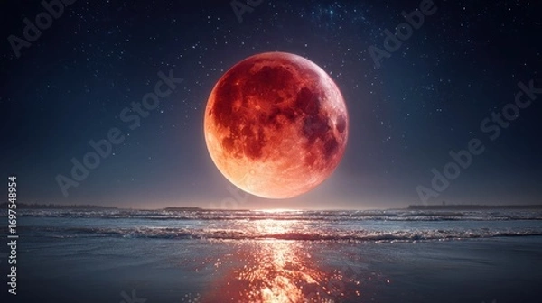 Fototapeta Red moon over ocean waves
