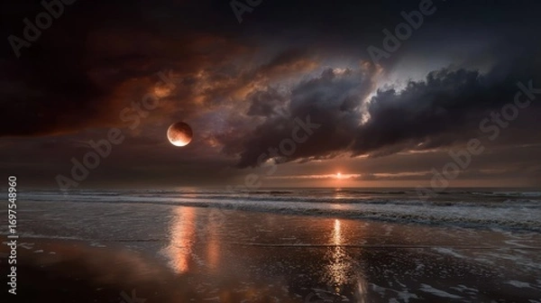 Fototapeta Dramatic sunset over a beach, with a reddish moon