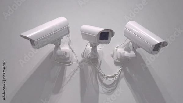 Fototapeta Three white security cameras mounted on a wall