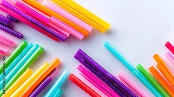 Fototapeta Colorful plastic drinking straws arranged diagonally on white background