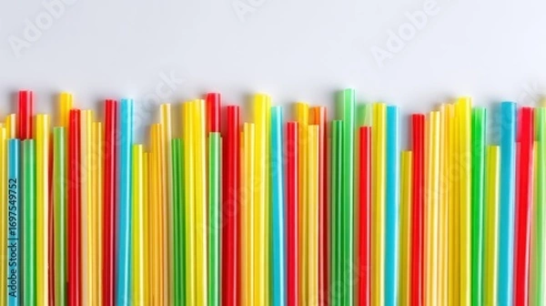 Fototapeta Colorful plastic straws arranged in rows on white background