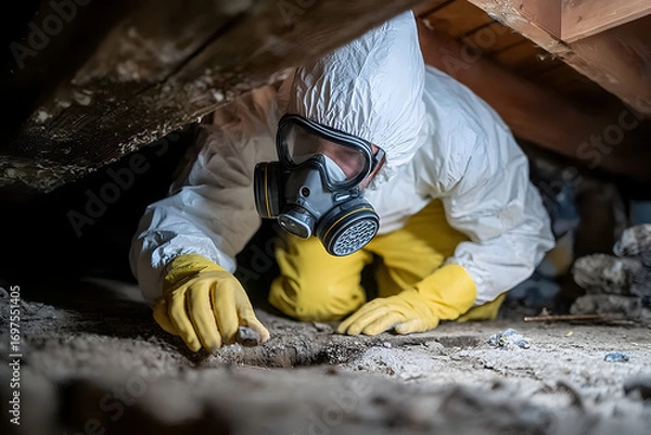 Fototapeta Inspector in protective suit examining crawl space. nvironmental testing and rmediation. Safety gear andmask for hazardous materia assessment.