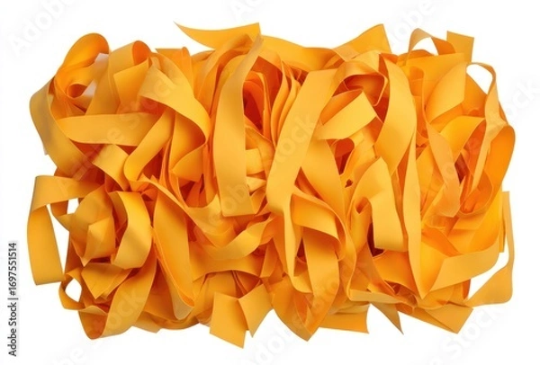Fototapeta Abstract heap of cut orange paper strips, densely packed, isolated on a white background, creating a chaotic visual