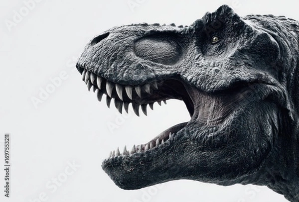 Fototapeta Side profile of a Tyrannosaurus Rex head, mouth open showing teeth, against a stark white background