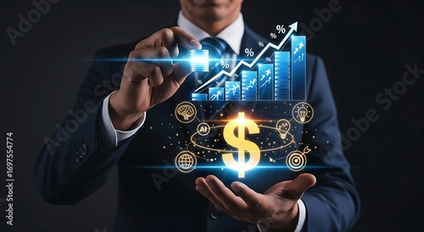 Fototapeta Business professional interacting with futuristic digital financial data charts and dollar sign hologram interface