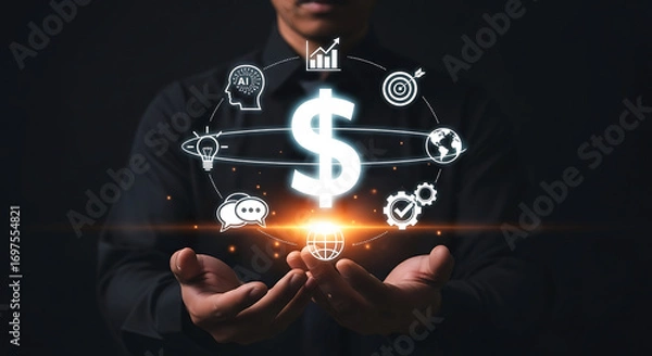 Fototapeta Hands holding glowing dollar sign amidst digital network and business icons representing financial growth and success concept