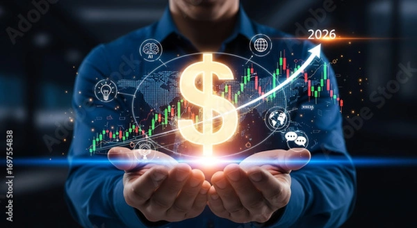 Fototapeta Hands hold glowing dollar sign with business analytics graph and data overlay symbolizing financial growth and success
