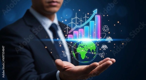 Fototapeta Businessman presenting global financial growth chart with digital earth overlay futuristic business concept