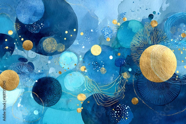 Obraz 抽象的な水彩画、青と金色の円、エレガントな背景