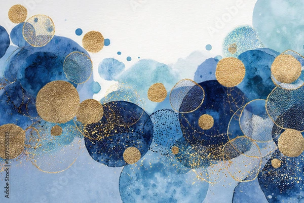 Obraz 抽象的な水彩画、青と金色の円、エレガントな背景