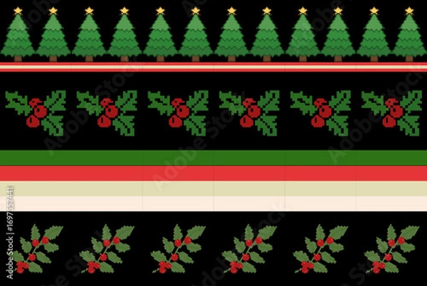 Fototapeta Festive Christmas seamless pattern with snowflakes, candles, pine trees, and geometric shapes in red, green, and white on black background. Perfect for holiday design, textile, and decoration.
