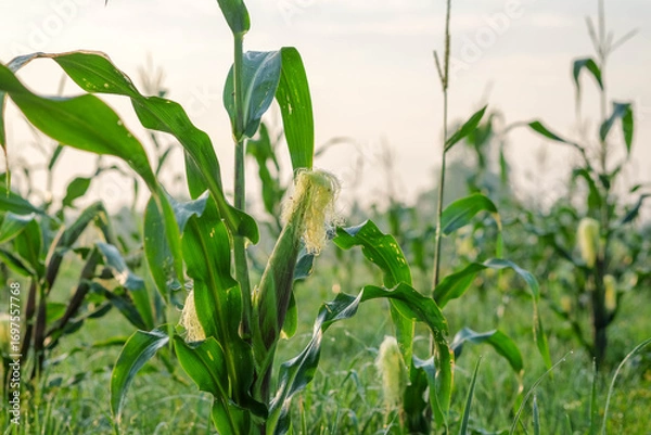 Fototapeta A beautiful moring of green corn field sways in the wind under a summer sky, with close-up views of the leaves and growing plants