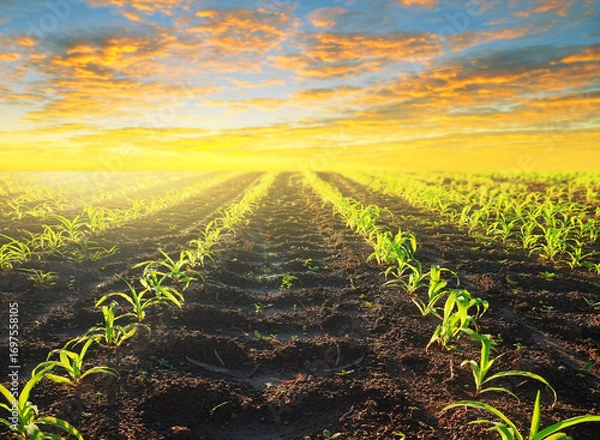 Fototapeta A verdant landscape of corn and wheat fields stretches under a vast blue sky with fluffy summer clouds