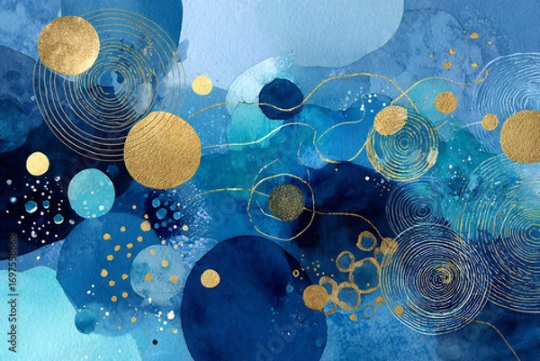 Obraz 抽象的な水彩画、青と金色の円、エレガントな背景