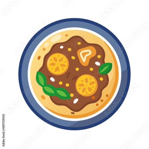 Fototapeta Flat illustration of soup with lemons and basil leaves