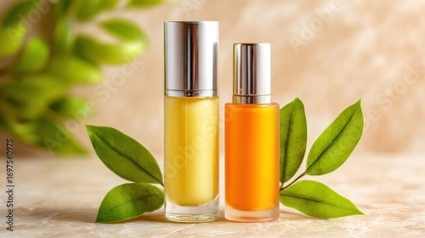 Fototapeta Two clear bottles with colored liquids, silver caps, surrounded by green leaves, against a mottled beige background