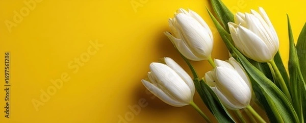 Fototapeta Four white tulips, closed, arranged in the corner on a vibrant yellow background with green stems and leaves