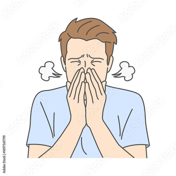 Fototapeta Illustration of a man sneezing with hands covering his face