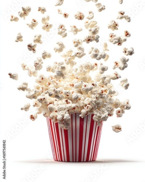 Obraz Popcorn spills from a red striped bucket, isolated on white, creating a dynamic cascade effect