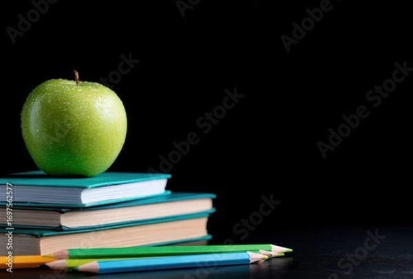 Fototapeta A green apple sits atop a stack of three books, with colored pencils lined at the bottom, set against a stark black background