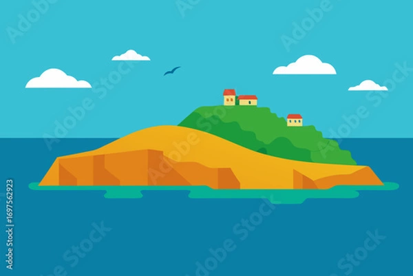 Fototapeta Flat design illustration of a small island with houses and a bird in the sky