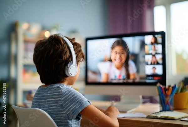 Fototapeta A young child with headphones is attending a video call on a desktop monitor in a bright room at home, learning
