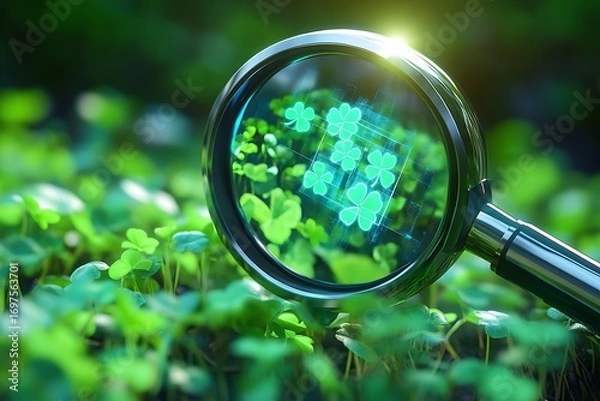 Fototapeta Futuristic AI magnifying glass highlights the best clover among many, concept of selection and luck.
