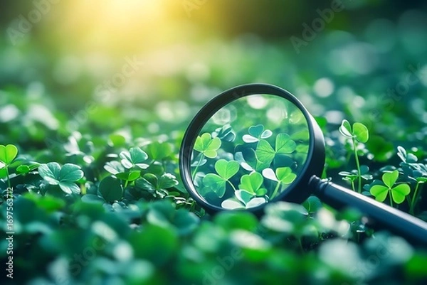 Fototapeta Futuristic AI magnifying glass highlights the best clover among many, concept of selection and luck.