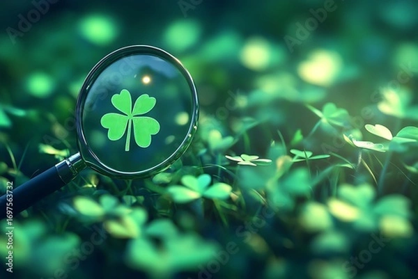 Fototapeta Futuristic AI magnifying glass highlights the best clover among many, concept of selection and luck.