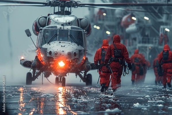 Fototapeta A bright orange helicopter lifts off from the wet deck of an offshore oil platform, surrounded by crew members in safety gear on a rainy day.