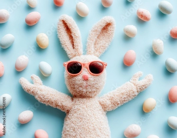 Fototapeta Plush bunny with sunglasses surrounded by pastel candy eggs on a light blue background, shot from above