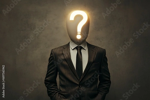 Fototapeta Business figure with glowing question mark face, concept of mystery and decision-making.