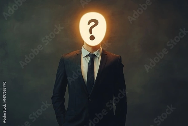 Fototapeta Business figure with glowing question mark face, concept of mystery and decision-making.