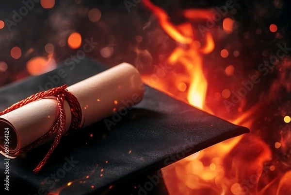 Fototapeta Graduation cap and rolled diploma burning, symbolizing destruction or protest.