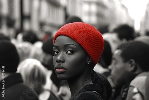 Fototapeta Black-and-white group of men with a woman in bright red cap as central focus from above.