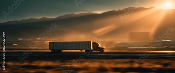 Fototapeta A blurred view of a red semi-truck driving on a highway during a golden sunset against a mountainous landscape with sunbeams