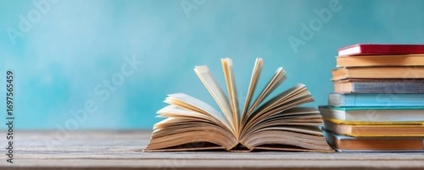 Fototapeta Open book sits on wooden table next to a stack of colorful books against a soft blue background, creating a serene, scholarly ambiance